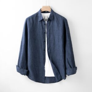 men’s classic navy blue linen shirt | casual long sleeve button down