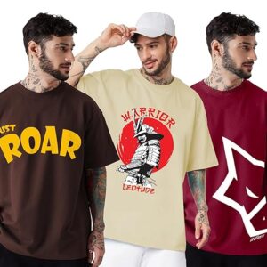 leotude men's cotton regular fit half sleeve oversized tshirt, round neck longline drop shoulder | ful printed combo t shirt (pack of 3)